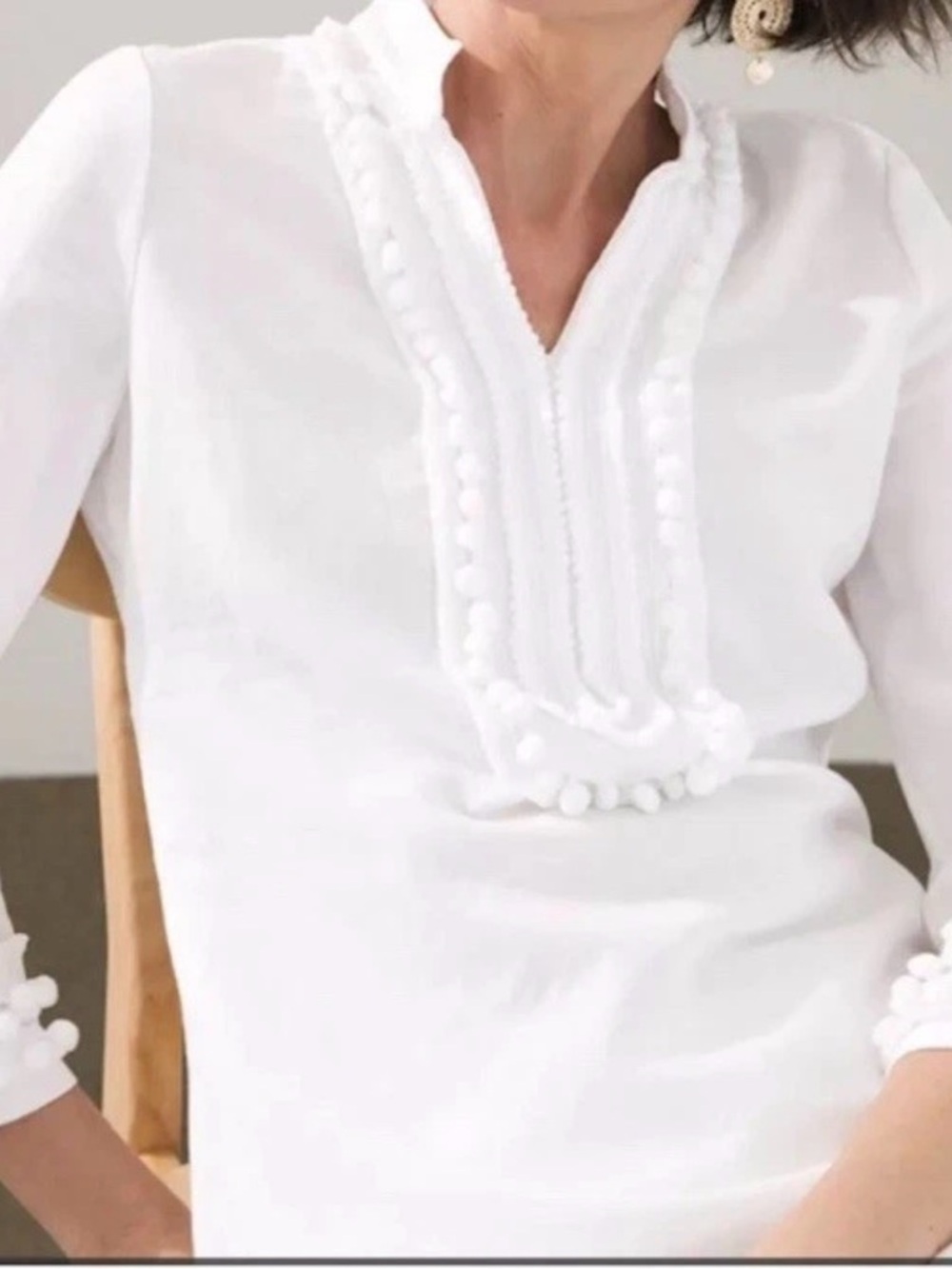 Chico's White Pom-Pom Trim V-Neck Tunic - Picture 2 of 7